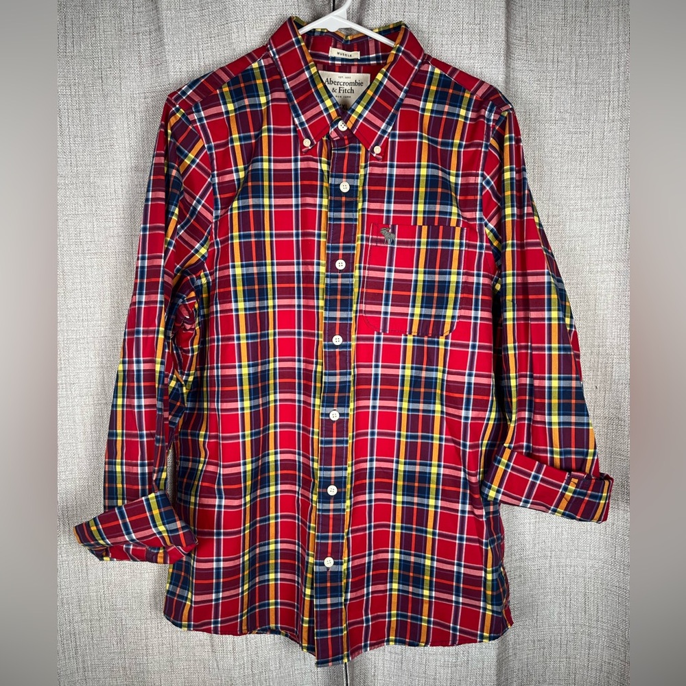 ABERCROMBIE & FITCH Muscle Fit Shirt Men's Size XXL Red Plaid Cotton EUC